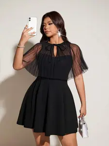 Plus Size Mesh Cape Dress, Tie V Neck a Line Short Dress, Party Date Cocktail Dress, Birthday Evening, Daily Wear, Womenswear Chic