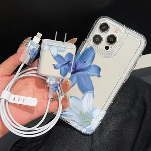 5 Piece Set Transparent Blue Lily Print Phone Case, Charger Head Cover, Cable Protector, Storage Rope, Anti-Drop Tpu Shell for iPhone