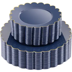LIYH 60Pcs Blue Plastic Plates, Gold Edge Scalloped Plates, Heavyweight Plastic Blue Disposable Plates Included 30 Dinner Plates 10.25 Inch,30 Dessert Plates 7.5 Inch, Elegant Disposable Dishes THALIA THALIA THALIA