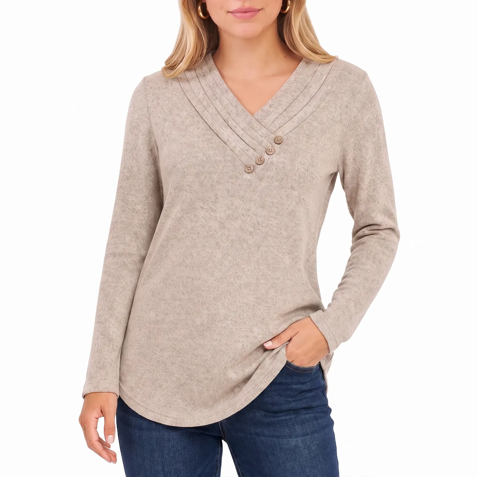 Women's Fall Long Sleeve Tunic Tops for Leggings V Neck Button Casual Blouse Sweatshirt Elegant Basic Solid Color Super Comfy Lightweight Material