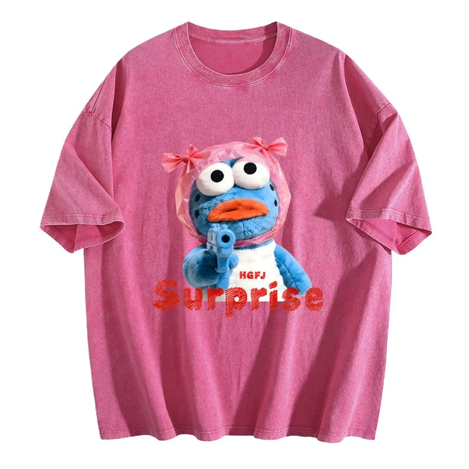 Women's Blue Puppet Surprise Graphic Vintage Wash Crew Neck Shortsleeve T-Shirt - Funny Novelty Cartoon, Casual Retro Top, Gift for Women Love Piece