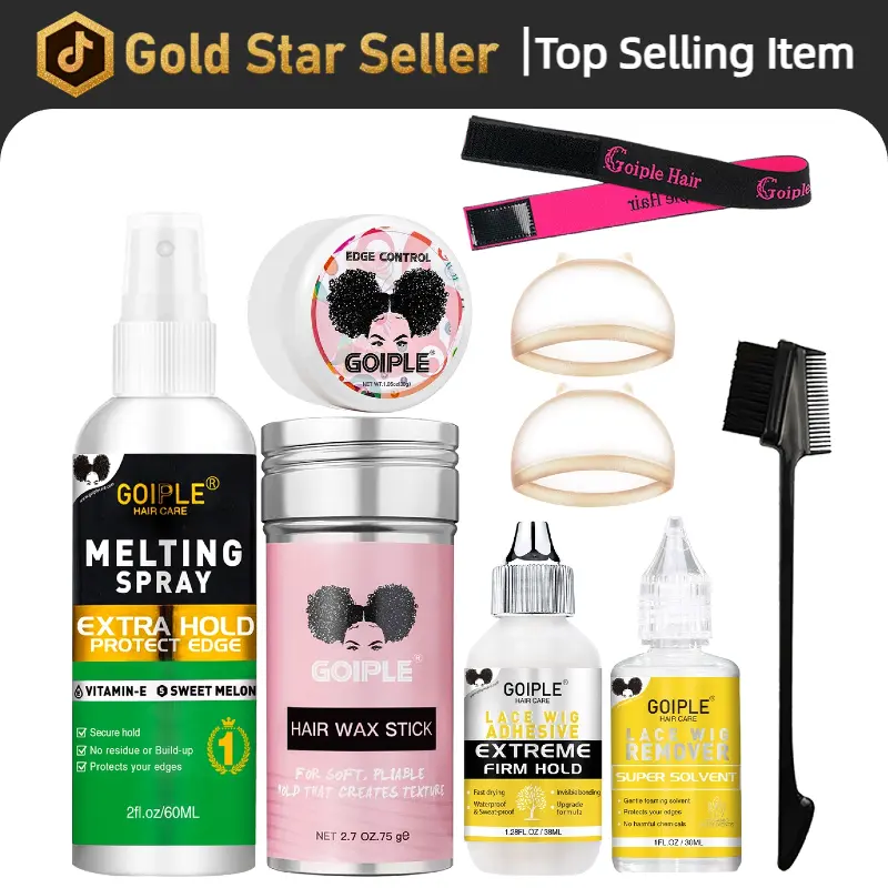 Goiple 9 Piece Wig Essentials Kit Lace Front Glue Remover Caps Elastic Band Edge Control Brush Melting Spray Haircare Set