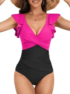 Women's One Piece Swimsuit Ruffle Slimming Tummy Control Bathing Suit Criss Cross High Waist 1 Piece Swimwear