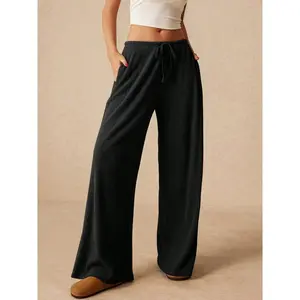 Clearlove Women's Wide Leg Ribbed Knit Pants Drawstring Waist Low Rise Casual Long Trousers - Black,M