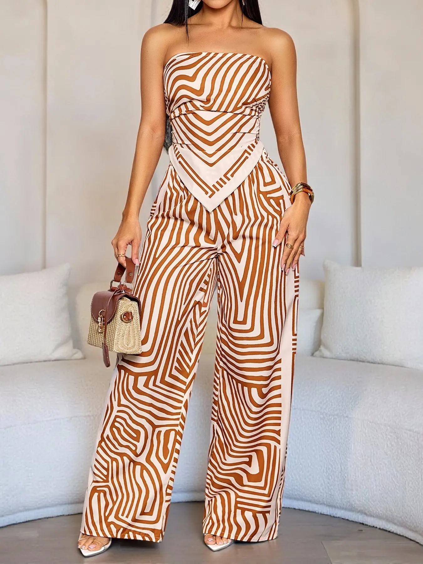 Two-Piece Summer Sexy Casual Women's Striped Print Long Pants Set, High Waist Wide Leg Pants, Perfect for Travel, Beach, Party