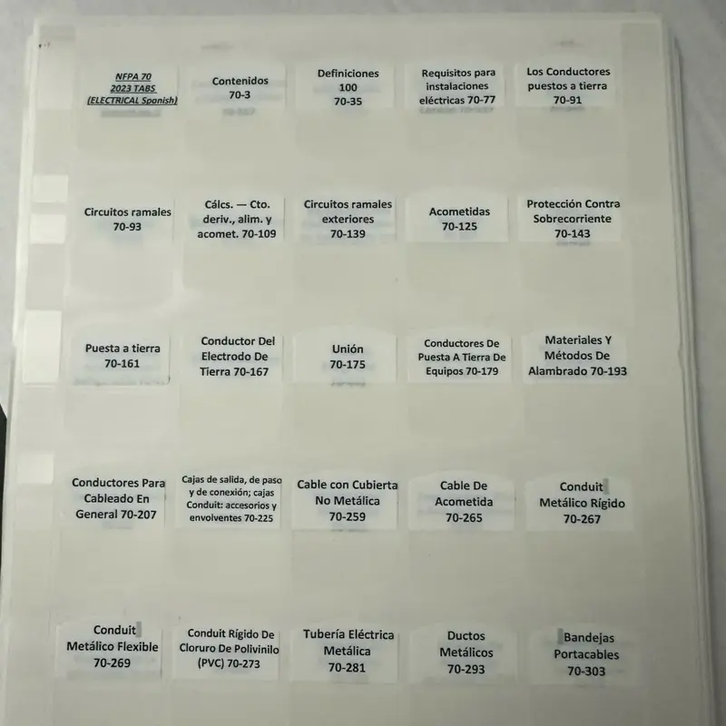 NFPA 70 Index Tabs for 2023 National Electrical Code in Spanish - Etiquetas para el código electrico nacional en Español with Detailed Section Markers