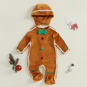 Toddler Baby Gingerbread Man Rompers Casual Long Sleeve Footed Jumpsuit and Cute Hat for Newborn Girl Boy