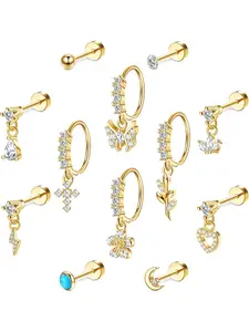 12PCS 316L Stainless Steel Dangle Cartilage Piercing Jewelry Set, 20G Cartilage Stud Earrings Hoop for Women Men, Cute CZ Opal Dangle Conch Helix Tragus Cartilage Flat Back Stud Earrings, Screw Back Ear Piercing Jewelry Nose Hoops