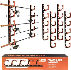 Fishing Rod Holder for Garage, H5 Wall or Ceiling Mounted Fishing Pole Holders with Soft Protective Pad, Fishing Rod Storage Organizer, Horizontal Fishing Rod Wall Mount Nets Storage (4 PACK)