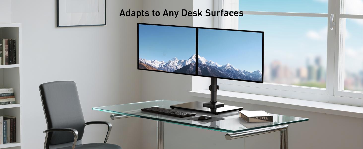 HUANUO Freestanding Dual Monitor Stand, 32 Inch Dual Monitor Mount for 2 Screens, Holds up to 19.8 lbs per Arm, Gaming Monitor Arm Riser with Tempered-Glass Base, Tilt, Swivel, Rotation, Black