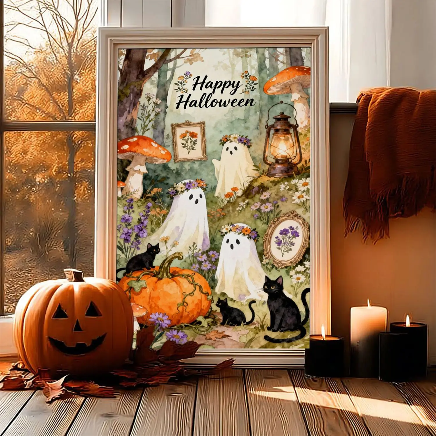 [25% OFF] [UNFRAMED] Happy Halloween Ghost Poster Print, Black Cat Pumpkin and Mushroom Wall Art, Whimsical Cottagecore Autumn Decor
