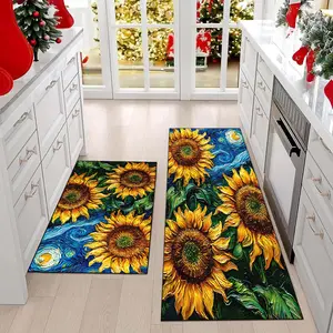 kitchen rug, sunflower starry sky kitchen mat, 2-piece kitchen carpet set, long rectangular kitchen mat, soft and non-slip, machine washable, multi-functional for kitchen areas, living room, bedroom bedside, bathroom, laundry room, and other scenes