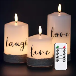 Battery Flameless Candles with 10-Key Remote Timer, Real Wax Pillar LED Candles Live Laugh Love, Realistic 3D Wick Flickering Gift (D3 x H4.7 5.7" 6.7", Pack of 3)