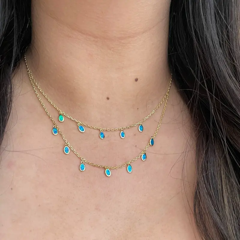 Blue Opal Necklace, Layered Blue Opal Necklace, Oval Opal Necklace, Gold Vermeil, Lab Opals