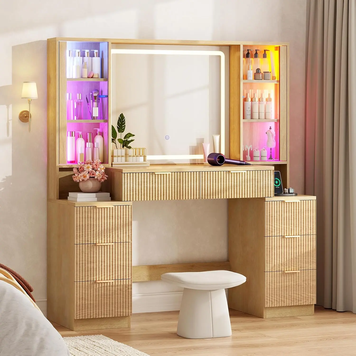 Sikaic 51.2" Big Fluted Makeup Vanity with Mirror Lights, Large Wood Dressing Table with Charging Station, Sound Sync Chasing LED Lights, Luxury Glass Cabinets, 8 Drawers, Girls, Women