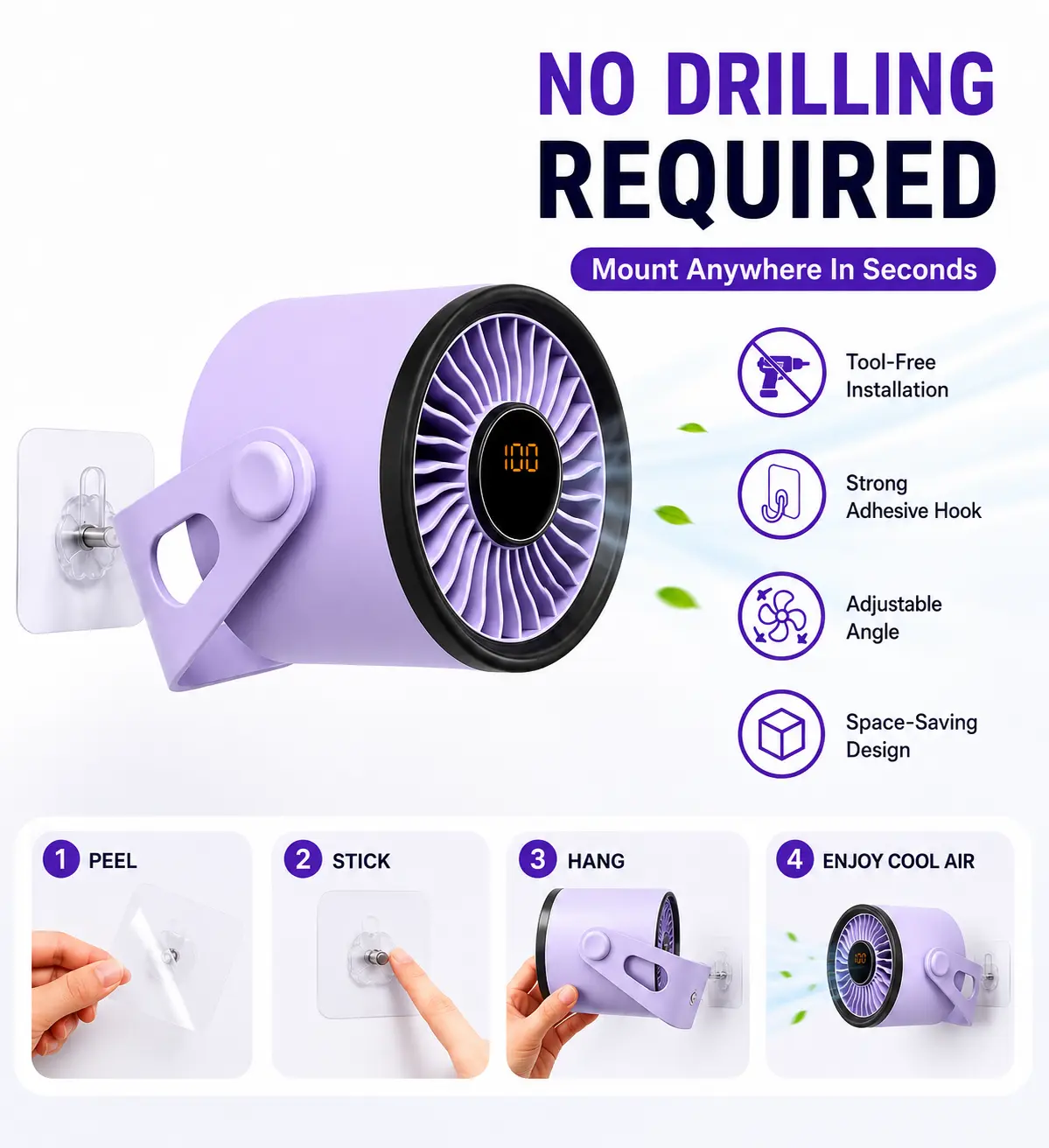 Wall Mount Air Circulator Fan - No Drilling Cordless Small Fan for Kitchen, RV & Bathroom, 100-Speed Rechargeable Wall Fan with LED Display Multifunctional Fan Adjustable Fans