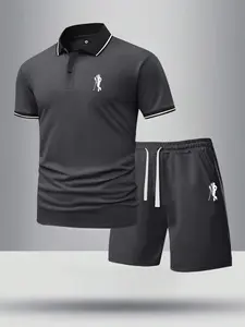 Men’s summer regular-fit cotton short-sleeve polo shirt and cotton shorts set featuring a unique printed pattern. Fashionable casual menswear for going out, with pocketed athletic elastic-waist drawstring shorts. Two-piece set suitable for running, golf,