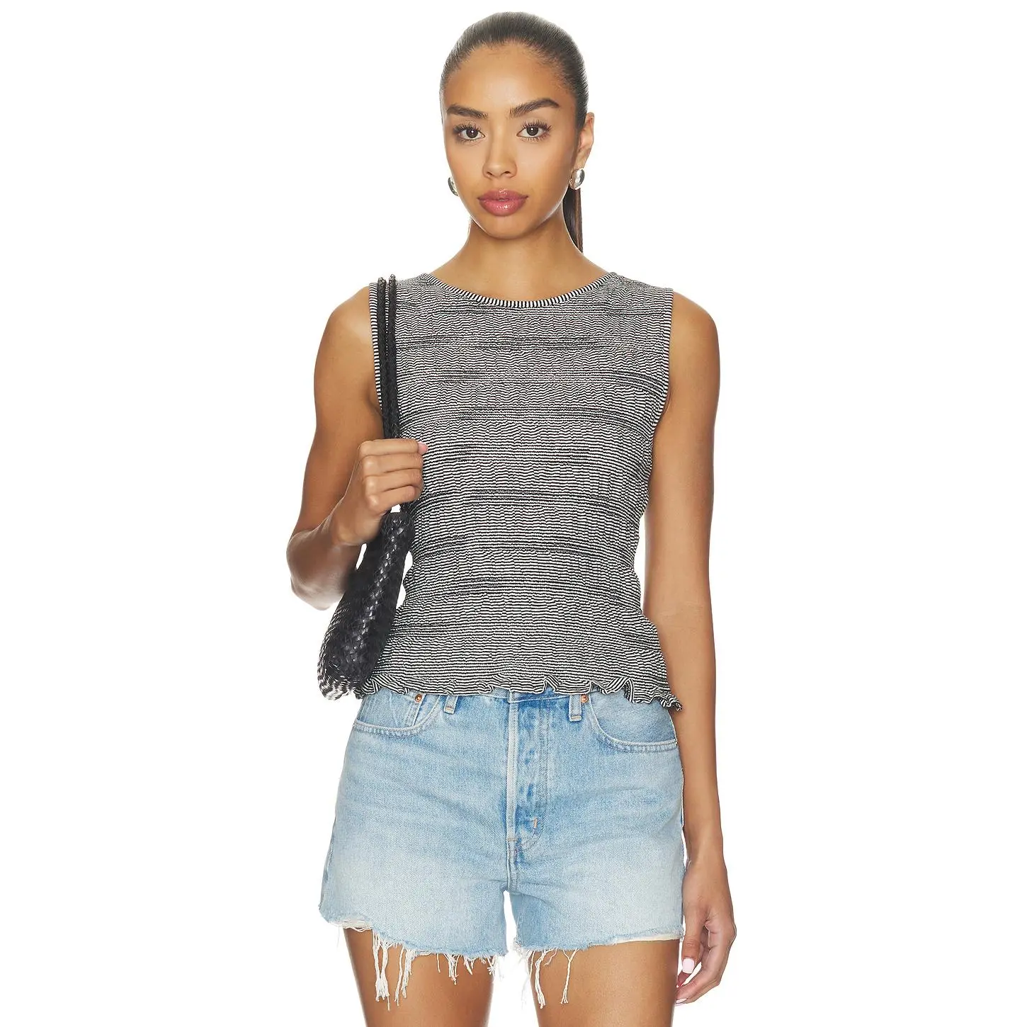 Madewell Smocked Boatneck Tank in Stripe in Jet Black