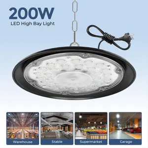 UFO LED High Bay Light 200W, 6000K Daylight Color High Bay LED Shop Light, with 5-foot cable and US standard plug, IP65-rated Commercial Fixture, Suitable for Warehouses, Workshops, Barns, and Factories