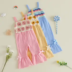 Toddler Baby Girl Jumpsuit Romper Sleeveless Crochet Flower/Stripes Pattern Baby Overalls Straps Bell-Bottom Pants Baby Fall Summer Outfits