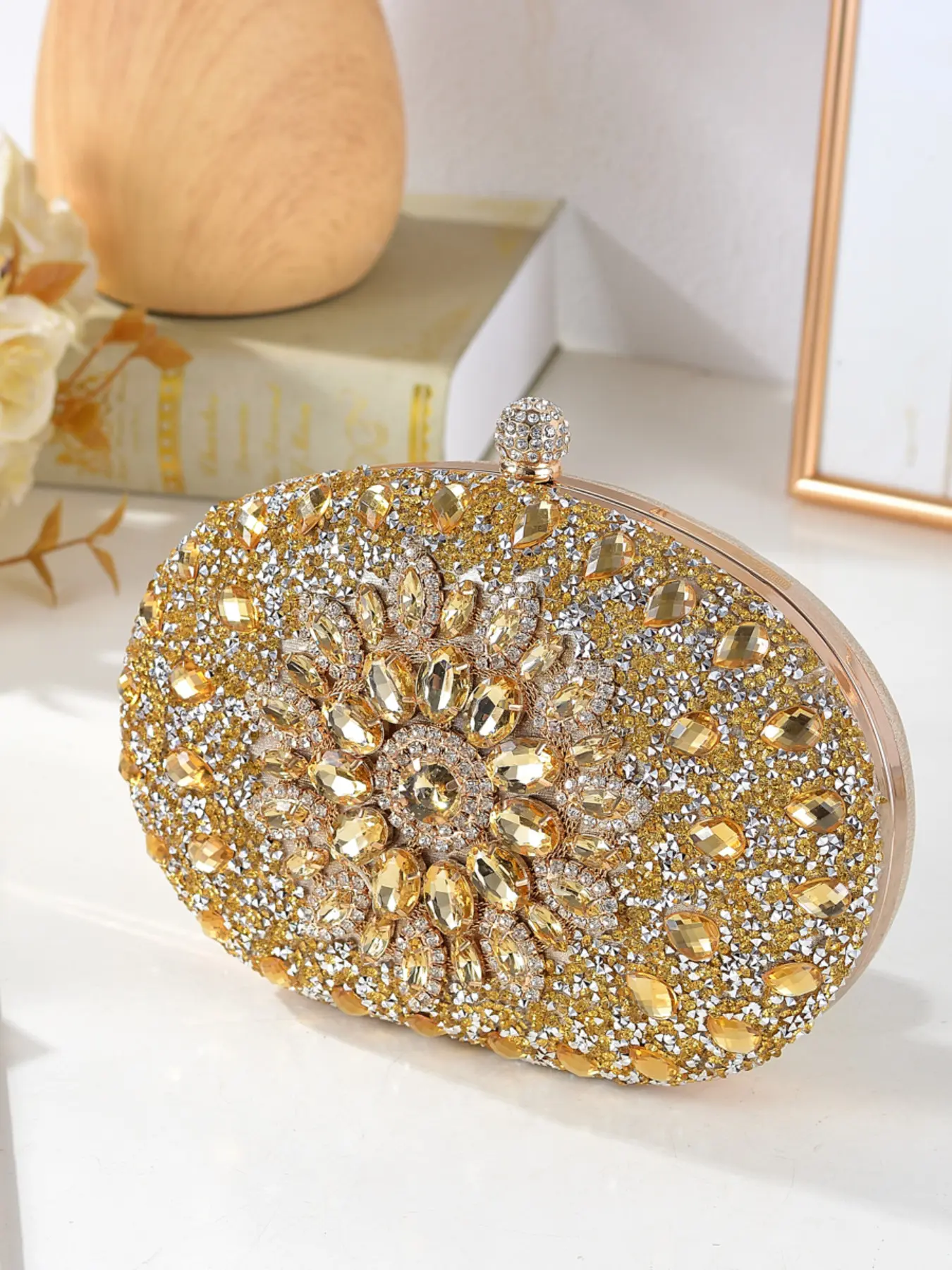 Women's Minimalist Elegant Rhinestones Decor Chain Design Floral Pattern Evening Bag, Elegant Stylish Purse, Elegant Clutch For Party & Date