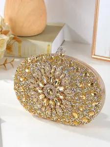 Women's Minimalist Elegant Rhinestones Decor Chain Design Floral Pattern Evening Bag, Elegant Clutch For Party & Date