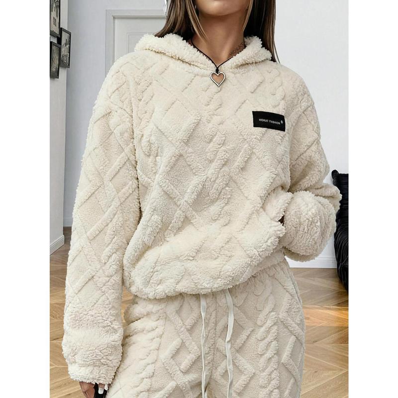Women's Coral Thermal Essential Minimalist Soft Plush Wool Hoodie Adjustable Loose Long Sleeved Pullover, Light Colored Lining, Thick Fluffy Fleece, Ideal for Home Wear & Daily Leisure