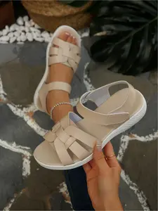Women's Plus Size Summer New Woven Hollow Velcro Wedge Soft Sole Sandals for Outdoor Wear, Fashionable, Simple, Comfortable, Daily Lightweight, Casual, Versatile Sandals, Comfy Sandals