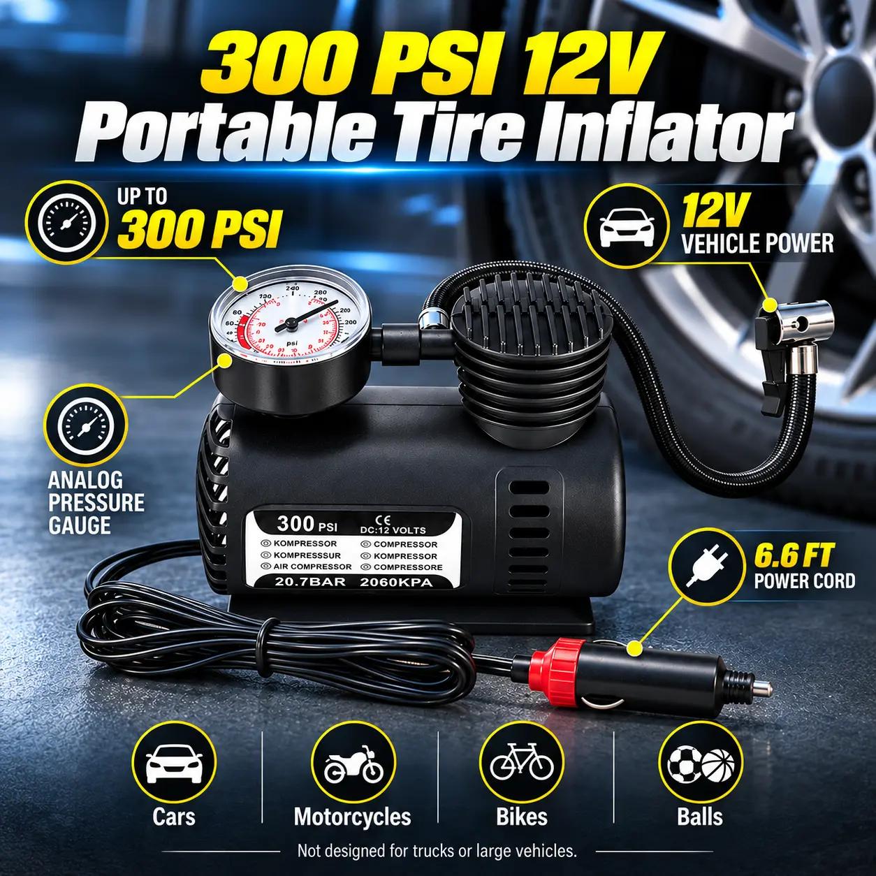 300 PSI 12V Portable Tire Inflator, Mini Air Compressor with Analog Pressure Gauge and Cigarette Lighter Plug for Cars, SUVs, Motorcycles and Bikes, Compact Roadside Emergency Essential