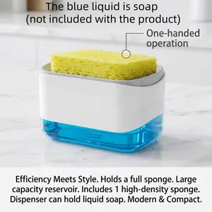 2-in-1 Kitchen Soap Dispenser (with Sponge), Push-Button Liquid Soap Pump, Compact Countertop Storage Holder for Dish Soap and Dish Sponges