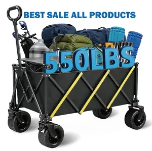 Foldable Beach Cart Heavy-Duty Multi-Purpose Wagon with 360° All-Terrain Wheels Side Pockets for Beach Sports Camping Gear Pets Outing 550LBS Capacity
