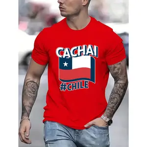 Fashion Print Men's Short Sleeve T-Shirt - CACHAI with Chile Flag Design, Casual Sporty Crew Neck Top for Easy Styling, Breathable and Comfortable, Suitable for All Seasons, Multiple Colors and Sizes Available, Perfect for Birthday Parties, Holiday