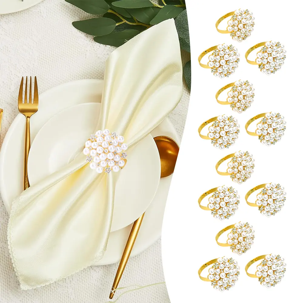 12pcs Elegant Pearl & Rhinestone Napkin Rings - Metallic Beaded Flower Hollow-Out Napkin Holders, Shiny Tableware Decor for Wedding, Banquet Table Settings,summerwins