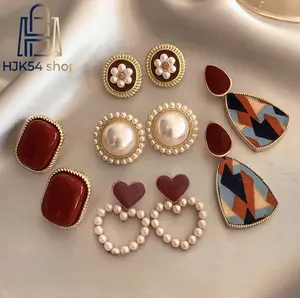 Vintage Red & Pearl Earrings Set, Retro Enamel & Geometric Drop Earrings, 4Pairs Elegant Gold Plated Stud Earrings, Boho Fashion Jewelry for Women, Perfect for Party & Daily Wear,summerwins