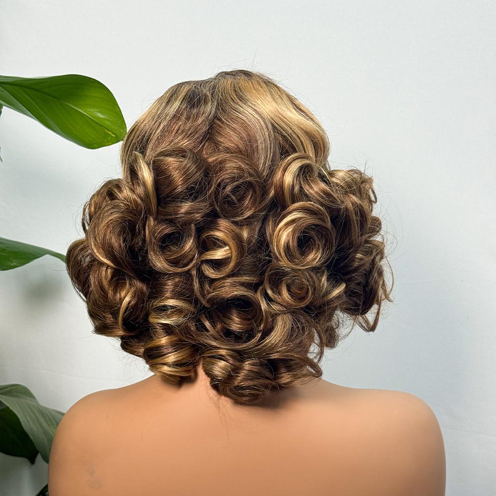 14 Inch Ombre Brown P4/350 Loose Bouncy Wave 200% Density Pre Cut Pre Plucked 5x5 Glueless Lace Wig Human hair Wigs 100% Vietnamese Hair Wear and Go Glueless Curly Wig