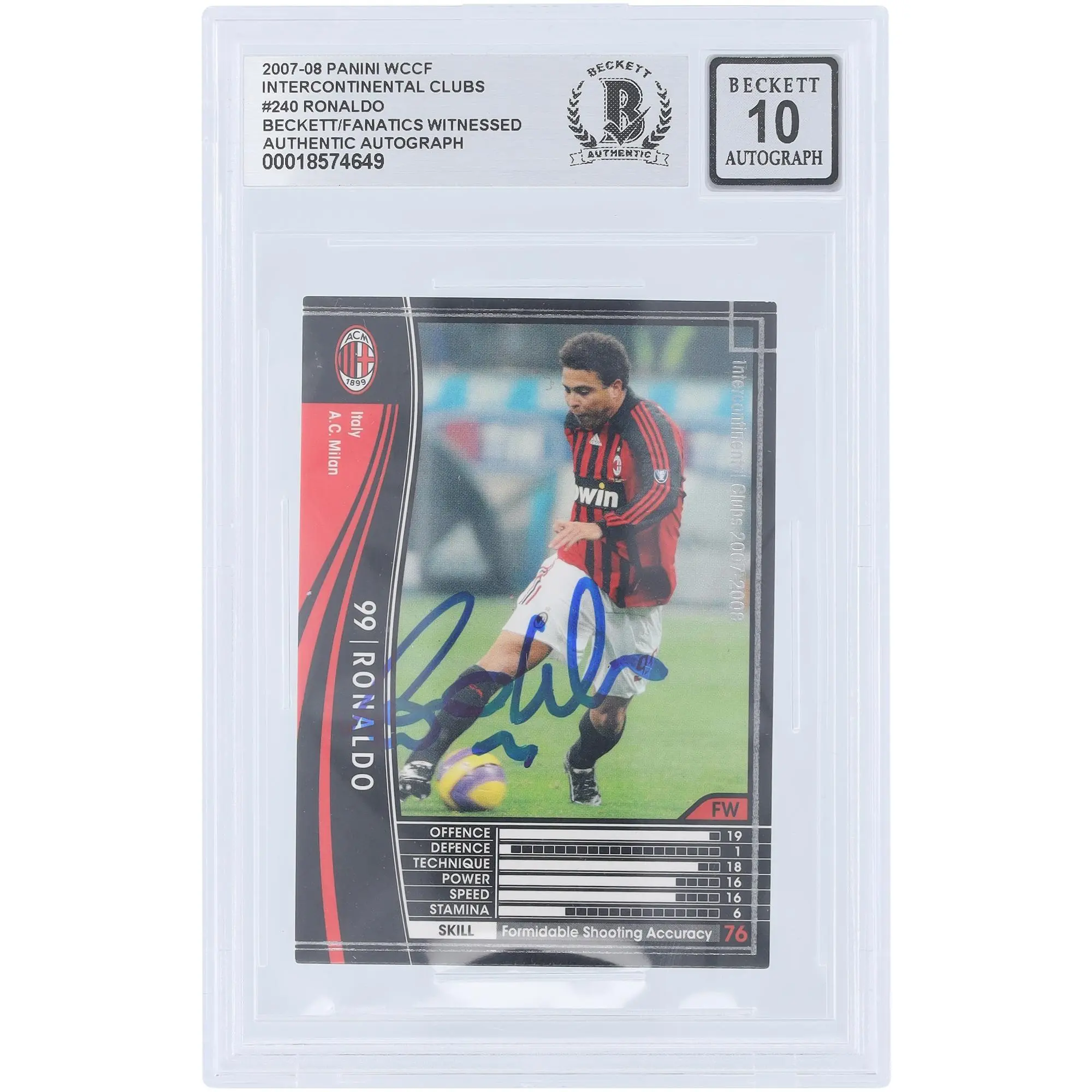 Ronaldo AC Milan Autographed 2007-08 Panini WCCF Intercontinental Clubs #240 Beckett Fanatics Witnessed Authenticated Auto 10 Card - Fanatics Authentic Certified