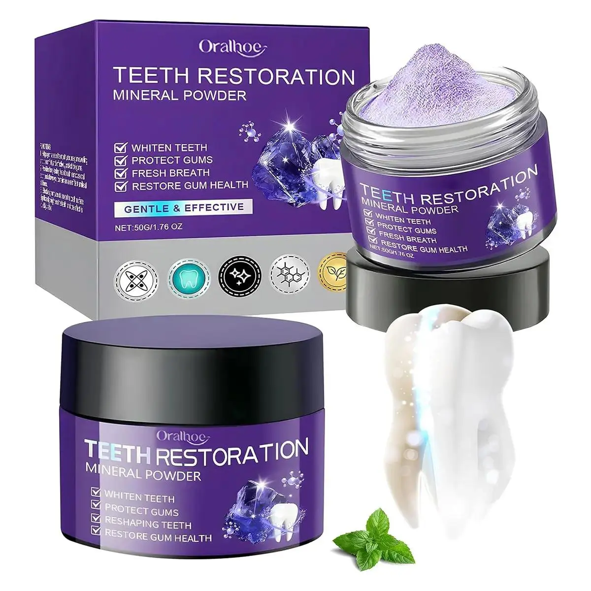 Purple Teeth Restoration Mineral Powder | Peroxide-Free Mineral Tooth Powder for Strengthening Teeth & Gums, Daily Use 50g