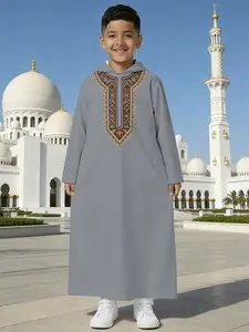 Kids' Gray Ethnic Color-Block Embroidered Hooded Arabic Thobe
