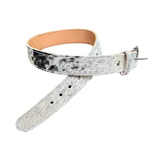 Kilgore Leather Works Handmade Heavy-Duty Cow Hide Cowboy Belt, Hair-On with Engraved Silver Western Buckle & Contrasting Stitching Fashion Belt for Casual & Formal Wear