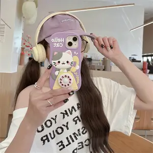 Cute cartoon answering phone cat phone case for iPhone 11 12 13 14 15 16 pro max