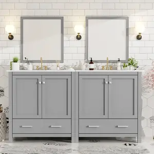 60' Grey Bathroom Vanity Set with Double Vanities (Separate), Double Ceramic Sinks, Storage Shelf, and Divided Drawers  (Mirror not included)– Modern Bathroom Solution for Spacious Bathrooms