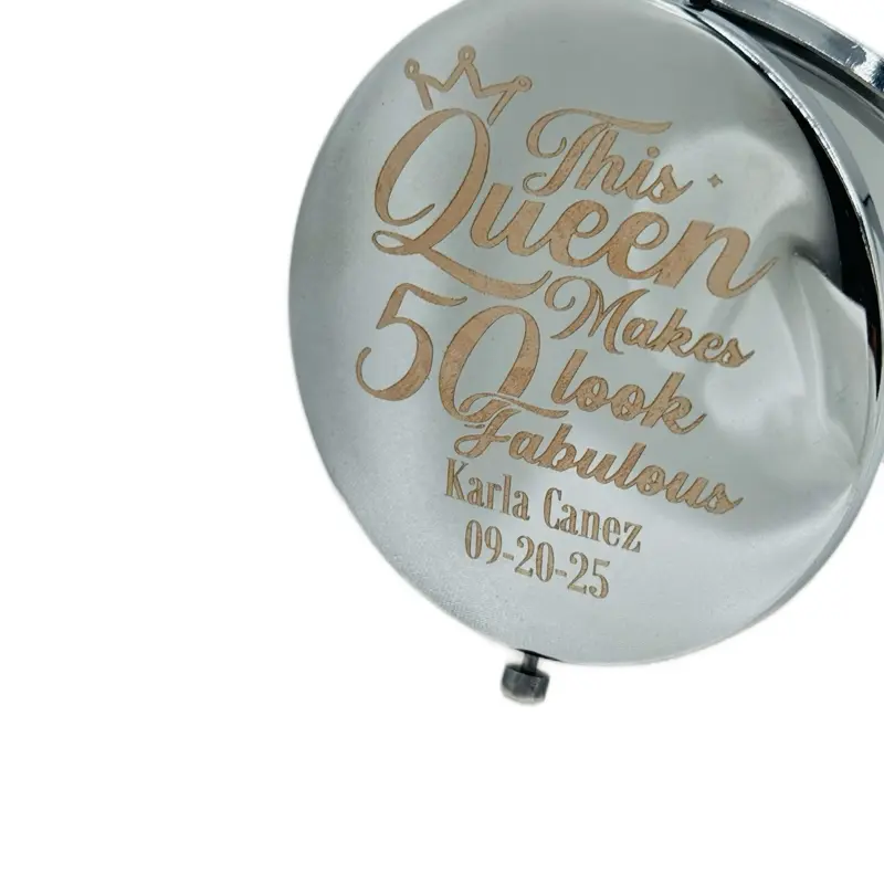 Personalized Mirror Compact, 50th Birthday Party Favors - Custom Engraved Name & Date, Double-Sided 'Queen - 50 & Fabulous' Design, Engrave Name, Party Gifts, Birthday Favs, Celebrations, Custom Name & Date Engraving