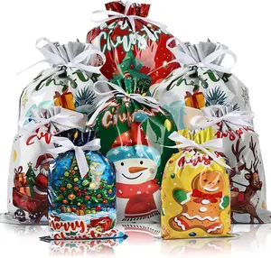 20PCS Christmas Drawstring Gift Bags - Assorted Sizes from Small to Jumbo, with Colorful Designs & Tags, Ideal for Holiday Wrapping & Decorations Party Favors