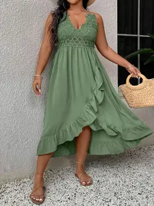 Plus Size Vacation Leisure Stitched Ruffled Hem Spaghetti Strap Dress