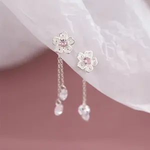 Elegant Cherry Blossom Tassel Earrings with Pink Zirconia - 925 Sterling Silver, Hypoallergenic Studs for Casual Attire, Needle, Summer Niche