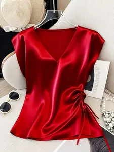 Women'S Solid Color Satin V-Neck Shirt with Pleated Detail| Elegant Drawstring Design for Spring/Summer/Fall