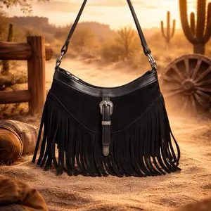 Western Style Black Fringe Handbag with Buckle Detail and Adjustable Strap for Women