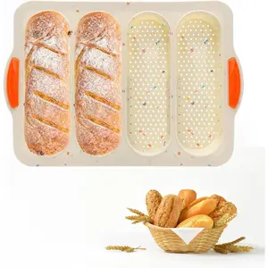 French Bread Hoagie Sub Roll 4-slot Non Stick Silicone Baking Mould Tray for Sandwich Baguette Hot Dog Bun Loaf Mini Tool Set for Homemade Restaurant Breakfast Dinner Beige