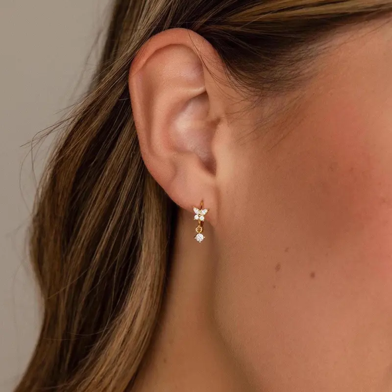 Butterfly Drop Huggies by Caitlyn Minimalist - Dainty Diamond Butterfly Charm Earrings in Gold & Silver - Crystal Jewelry - Gift for Her