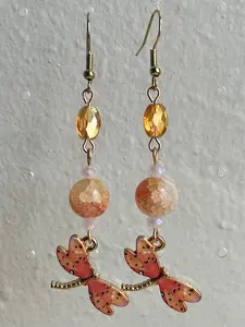 Orange Dragonfly Earrings - Quirky Insect Jewelry, Fun Funky Nature Dangle, Maximalist Indie Fashion, Whimsical Hippie Accessory, Artsy Gift